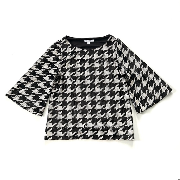 Chico’s Classy Black & White Sequin Houndstooth Flare 3/4 Sleeve Blouse Top - Picture 4 of 10
